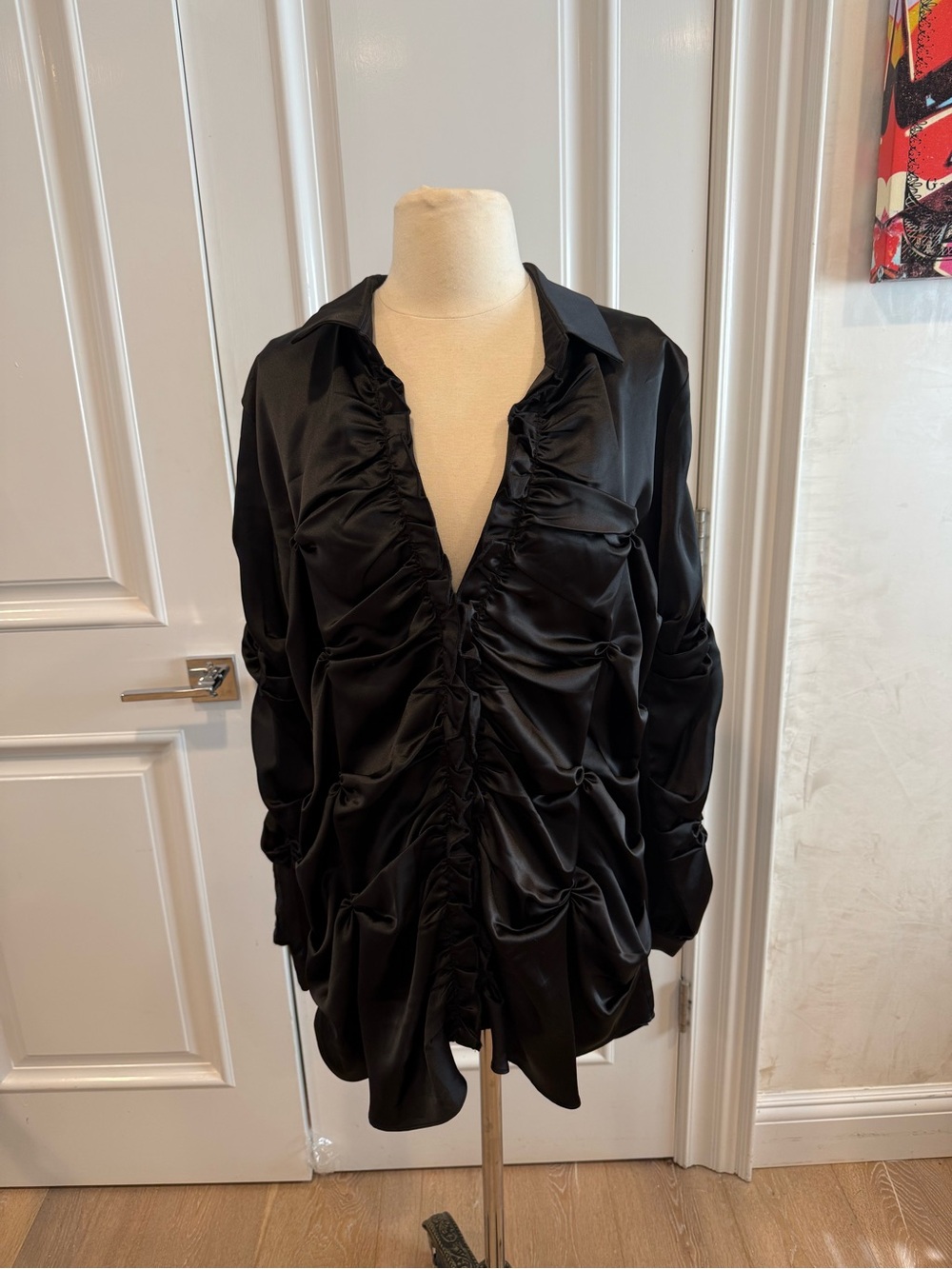 Black Ruched Satin Button-Down dress